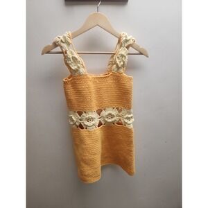 Handmade Crochet Floral shirt Orange Cream Boho Festival Tunic Women Small